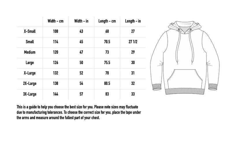 Size chart for Chain Hoodie - Faded Grey