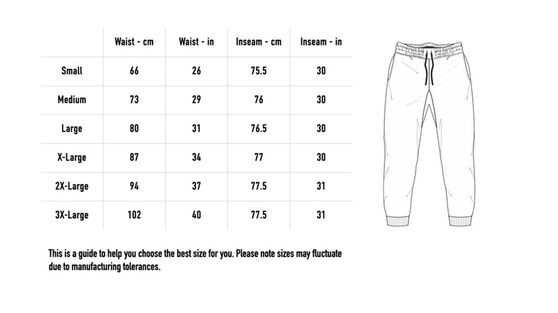 Size chart for Chain Emblem Joggers - Black